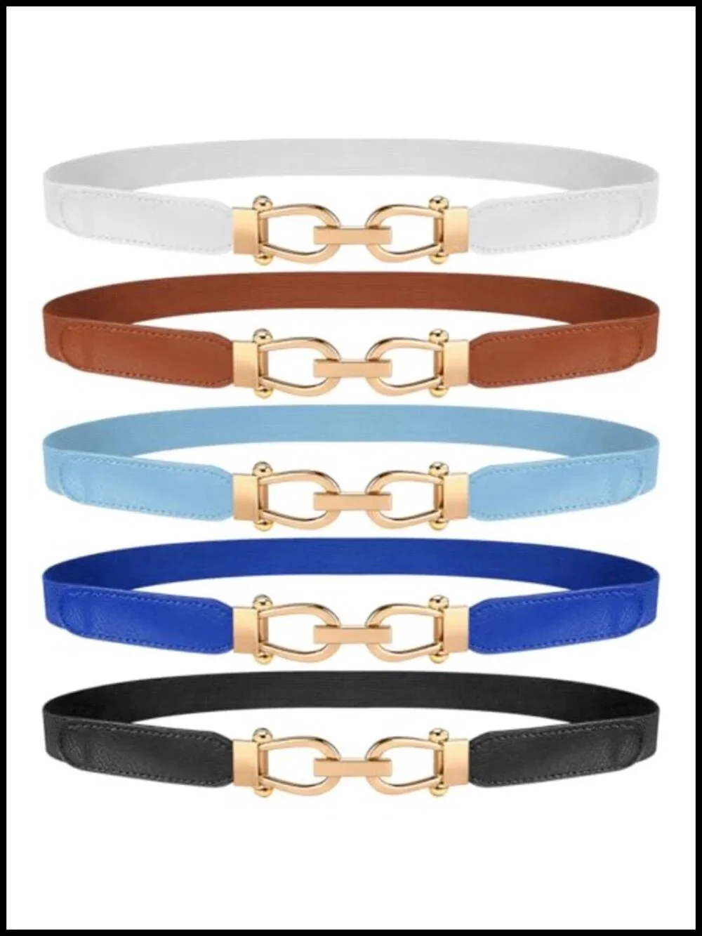 Women Skinny Elastic Belt with Gold Buckle Retro Stretch Waist Belt Set for